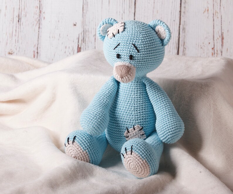 Big blue cuddly bear with patches, crochet Amigurumi toy for children, filled with non-allergenic silicone ball, eco-friendly image 1