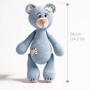 Big blue cuddly bear with patches, crochet Amigurumi toy for children, filled with non-allergenic silicone ball, eco-friendly image 4