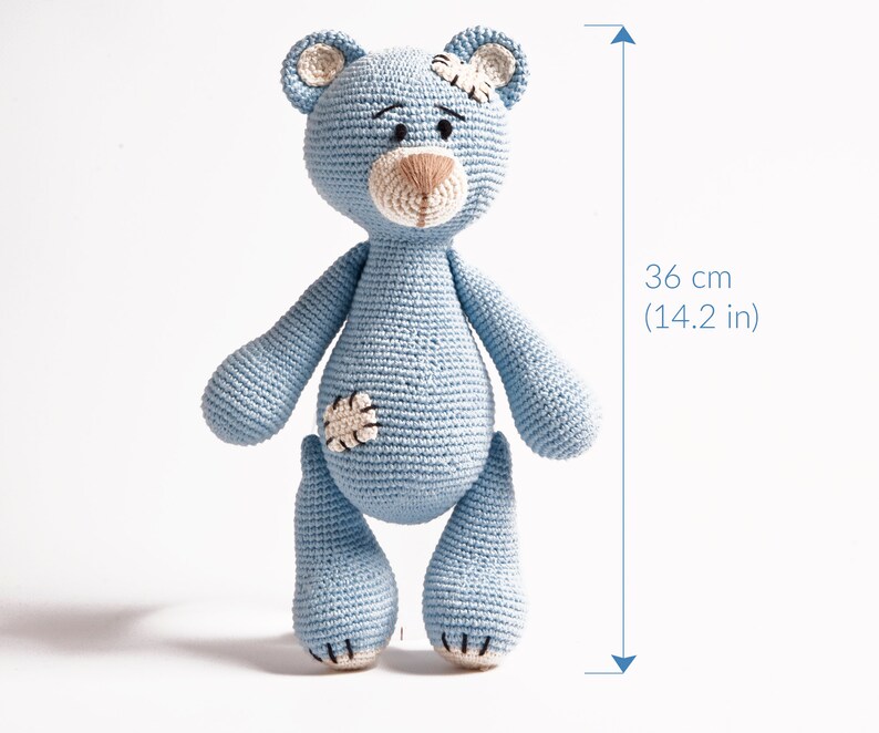 Big blue cuddly bear with patches, crochet Amigurumi toy for children, filled with non-allergenic silicone ball, eco-friendly image 4