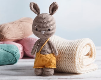 Brown Bunny in yellow shorts, crochet toy, perfect cuddle for a baby, non-allergenic and 100% cotton