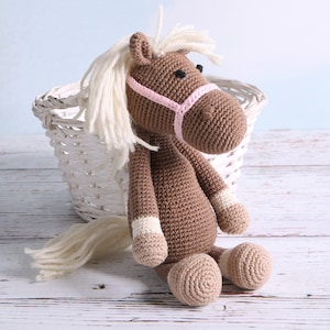 Brown crochet horse, soft amigurumi toy for horse lovers, child and baby friendly, 100% non-allergenic cotton