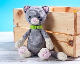 Peluche de gatito gris, juguete Amigurumi de ganchillo para niños, relleno de bola de silicona hipoalergénica, ecológico
