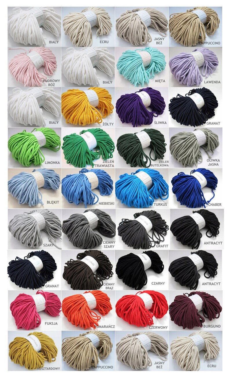 May include: A collection of 25 spools of cotton cord in various colors, including white, beige, green, blue, gray, black, red, orange, yellow, and pink. Each spool is labeled with the color name in Polish.