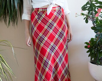 1970s Bias Cut Wool Plaid Maxi Skirt