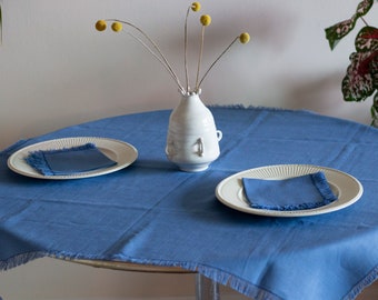 Cornflower Blue Fringed Napkin + Tablecloth Set