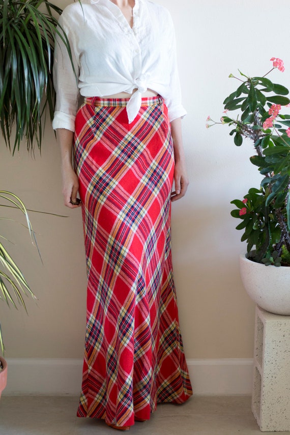 1970s Bias Cut Wool Plaid Maxi Skirt - image 2