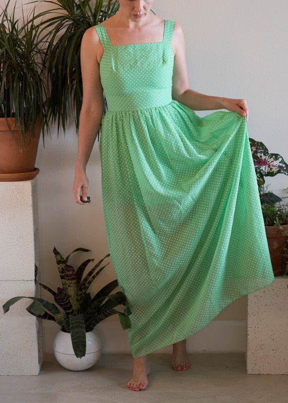 1960s Mint Polka Dot Sheer Maxi Dress