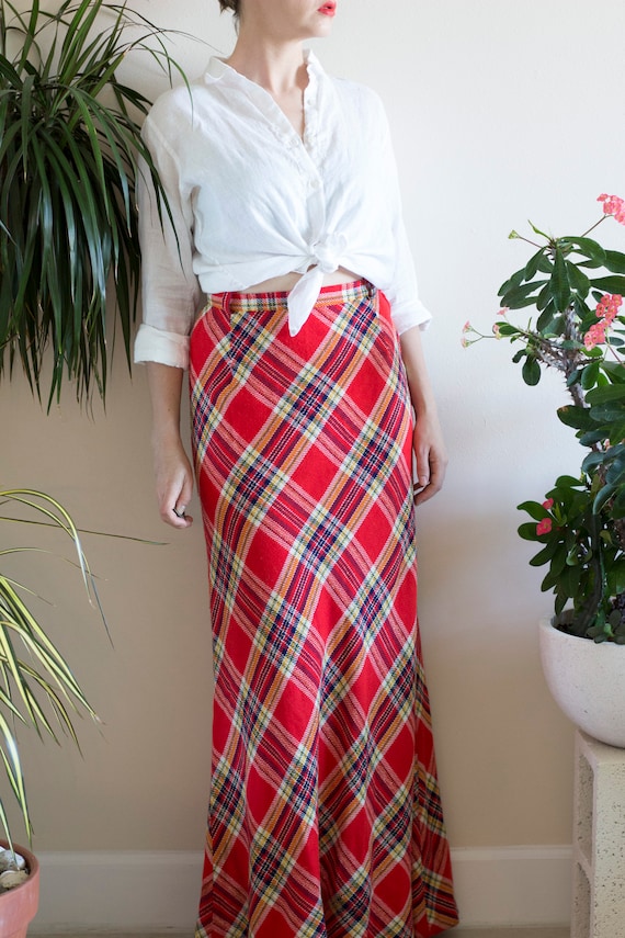 1970s Bias Cut Wool Plaid Maxi Skirt