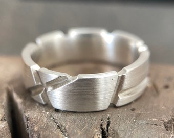 6mm Argentium Silver Ring - Slashed Matte Finish - 935 - Engraved Inside - Mens or Ladies Sizes - Industrial geometric Minimalist