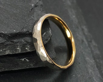 Faceted Stainless Steel and Gold Ring - 4mm Industrial Rough Hammered Ring - Geometric Minimalist - Man or Ladies Sizes - Handmade in the UK