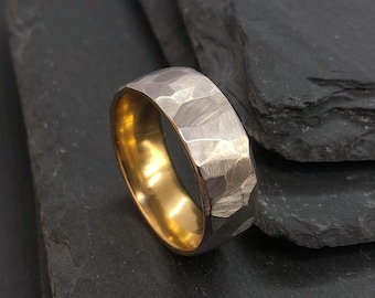 Faceted Stainless Steel and Gold Ring - 8mm Industrial Rough Hammered Ring - Geometric Minimalist - Man or Ladies Sizes - Handmade in the UK