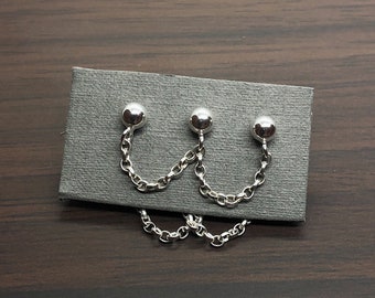 Triple stud Front and Back Behind Ear chain earring - dangle earlobe climber piercing - Industrial minimal chain - Handmade in the UK