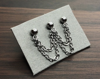 Triple stud Double chain earring - dangle earlobe climber piercing  - Multiple hole - Industrial minimal chain earrings - Handmade in the UK