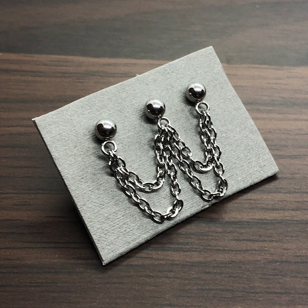 Triple stud Double chain earring - dangle earlobe climber piercing  - Multiple hole - Industrial minimal chain earrings - Handmade in the UK