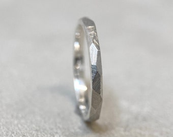 Faceted Argentium Silver Stacking Ring - 2mm Industrial Rough Textured Band - Geometric Minimalist - 935 - Thin Dainty Stack - Men or Ladies