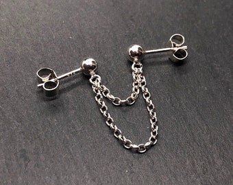 Double Chain Earring - Sterling Silver/Gold Filled/Stainless Steel connected studs - Double Lobe Piercing - Handmade in Britain