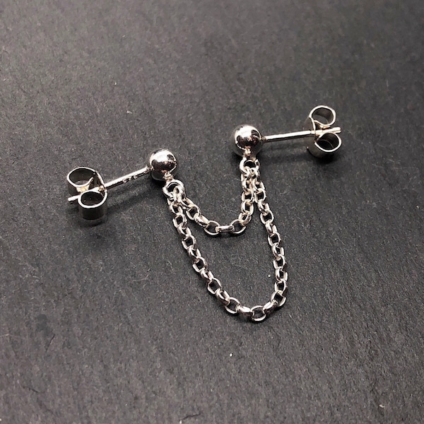 Double Chain Earring - Sterling Silver/Gold Filled/Stainless Steel connected studs - Double Lobe Piercing - Handmade in Britain