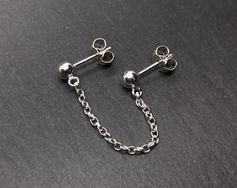 Double stud Earring - Industrial chain piercing - Sterling Silver/Gold Filled/Stainless Steel Chain Studs - Handmade in Britain
