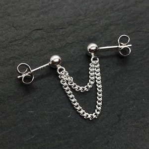 Double Curb Chain Earring - Sterling Silver or Stainless Steel connected studs - Double Lobe Piercing - Hypoallergenic - Handmade in Britain