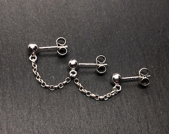 Triple stud earlobe piercing - Sterling Silver/Gold Filled/Stainless Steel - Industrial minimal chain earrings - Handmade in the UK