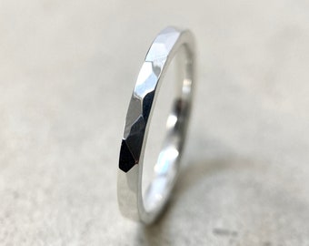 Hammered Argentium Silver Stacking Ring - 2mm Geometric Minimalist Band - 935 - Thin Dainty Stack - Men or Ladies