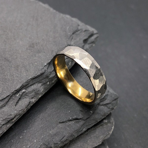 Faceted Stainless Steel and Gold Ring - 6mm Industrial Rough Hammered Ring - Geometric Minimalist - Man or Ladies Sizes - Handmade in the UK