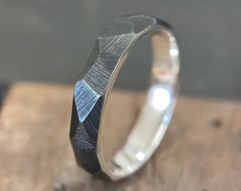 Oxidised Faceted Argentium Silver Ring - 4mm Rough Textured Band - 935 - Mens or Ladies Sizes - Industrial geometric Minimalist - Engraved