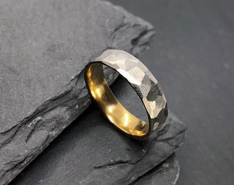 Faceted Stainless Steel and Gold Ring - 6mm Industrial Rough Hammered Ring - Geometric Minimalist - Man or Ladies Sizes - Handmade in the UK