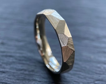 9ct White Gold Faceted Ring - Geometric Minimalist Wedding Band - Rough Textured Band - Men or Ladies sizes - 2 to 8mm Wide - Free Engraving