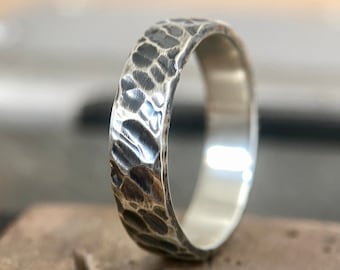 Oxidised Forged Argentium Silver Ring - Heavily Hammered Textured Band - Viking Matte 935 - Mens or Ladies Sizes - 3 to 6mm Wide - Engraved