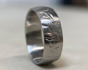 8mm Domed Reliced Hammered Stainless Steel Ring - Viking Textured Band - Matte Brushed Finish - Mens or Ladies Sizes - Engraved Inside