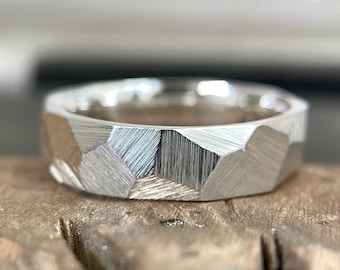 Faceted Argentium Silver Ring - 6mm Rough Textured Band - 935 - Mens or Ladies Sizes - Industrial geometric Minimalist - Handmade in Britain