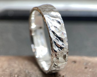 Forged Argentium Silver Ring - Heavily Hammered Textured Band - Viking Minimalist - 935 - Mens or Ladies Sizes - 3 to 6mm Wide - Engraved