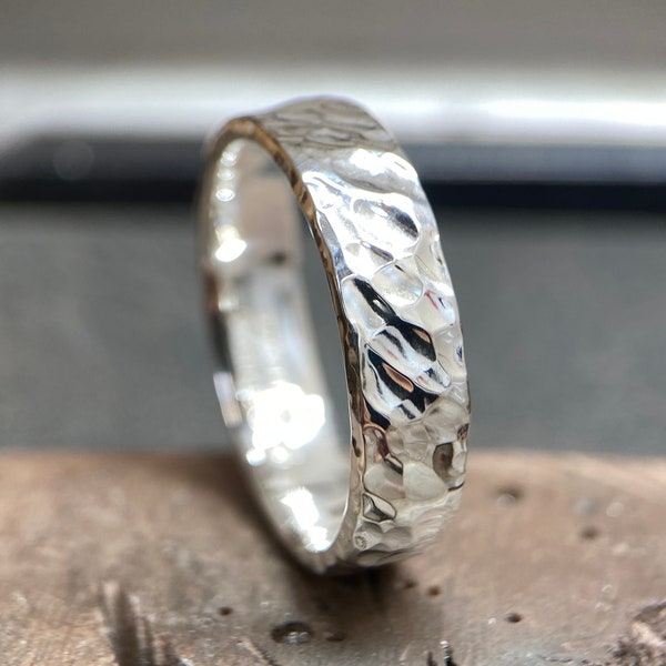 Forged Argentium Silver Ring - Heavily Hammered Textured Band - Viking Minimalist - 935 - Mens or Ladies Sizes - 3 to 6mm Wide - Engraved