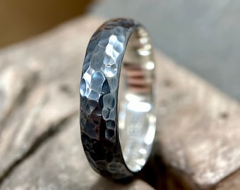 Oxidised Hammered Argentium Silver Domed Ring - 3mm to 6mm Wide - Court Shape Textured Band - 100% Recycled 935 Silver - Engraved Inside