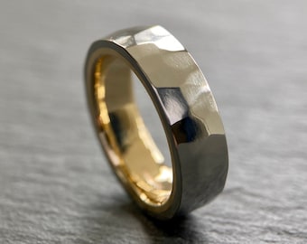 Hammered Stainless Steel & Solid Gold Ring - 9ct Gold Lined Wedding Band - Hammer Textured Hand Forged Industrial Ring - Free Engraving