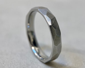 Faceted Stainless Steel Ring - 4mm Industrial Rough Textured Band Ring - Geometric Minimalist - Mens or Ladies Sizes - Handmade in the UK