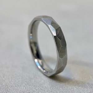 Faceted Stainless Steel Ring 4mm Industrial Rough Textured Band Ring Geometric Minimalist Mens or Ladies Sizes Handmade in the UK image 1