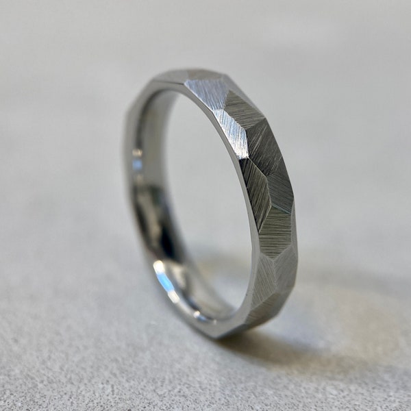 Faceted Stainless Steel Ring - 4mm Industrial Rough Textured Band Ring - Geometric Minimalist - Mens or Ladies Sizes - Handmade in the UK