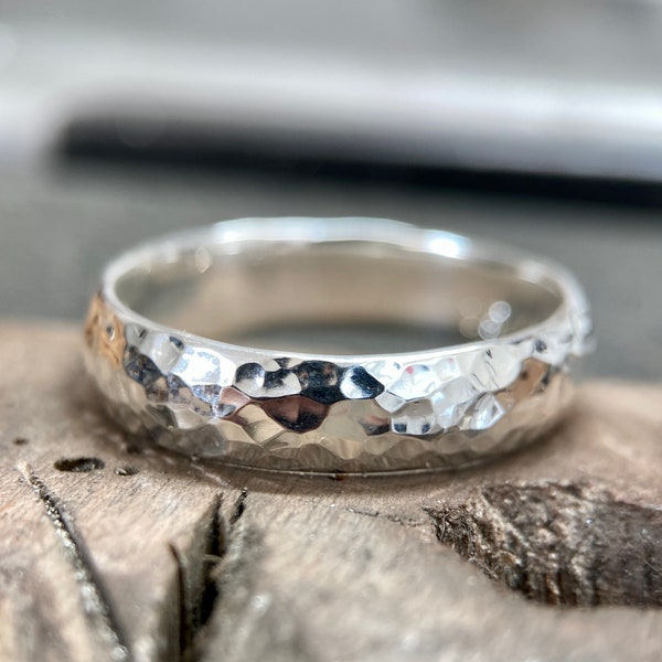 Hammered Argentium Silver Domed Ring - 3mm to 6mm Wide - Court Shape Textured Band - 100% Recycled 935 Silver - Engraved Inside