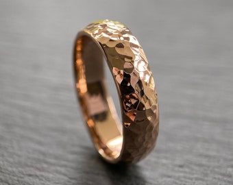 Hammered Solid Rose Gold Ring - 9ct Mens or Ladies Wedding Band - 3-6mm Wide Court Shape Textured Ring - Pink/Red Gold - Free Engraving