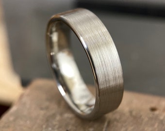 6mm Flat Brushed Stainless Steel Ring - Flat Court Shape Matte Band - Engraved Inside - Simple Minimalist Edgy - Man or Ladies Ring