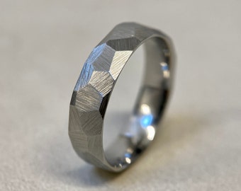 Faceted Stainless Steel Ring - 6mm Industrial Rough Hammered Band Ring - Geometric Minimalist - Mens or Ladies Sizes - Handmade in the UK