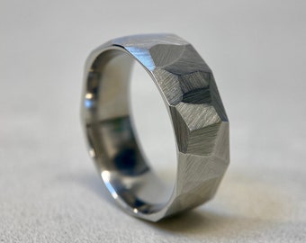 Faceted Stainless Steel Ring - 8mm Industrial Rough Hammered Band Ring - Geometric Minimalist - Mens or Ladies Sizes - Handmade in the UK