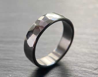 Hammered Stainless Steel Ring 6mm Wide Band With Polished Hammer Facets  Hand Forged Industrial Ring Engraved Handmade in The UK