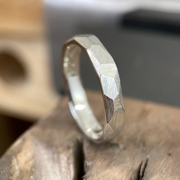 Faceted Argentium Silver Ring - 4mm Rough Textured Band - 935 - Mens or Ladies Sizes - Industrial geometric Minimalist - Handmade in Britain