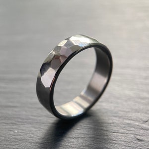 Hammered Stainless Steel Ring - 6mm Wide Band With Polished Hammer Facets - Hand Forged Industrial Ring - Engraved - Handmade in The UK