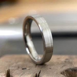 4mm Flat Brushed Stainless Steel Ring - Flat Court Shape Matte Band - Engraved Inside - Simple Minimalist Edgy - Man or Ladies Ring