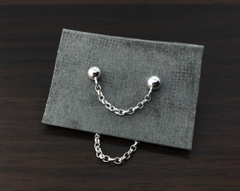 Double Chain Earring - Front and Back Behind Ear - Sterling Silver or Stainless Steel - Double Lobe Piercing - Handmade in Britain