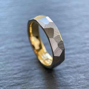 Stainless Steel & Solid Gold Faceted Ring 9ct Solid Gold Lined Wedding Band Industrial Rough Hammered Mens/Ladies Sizes Engraved image 5